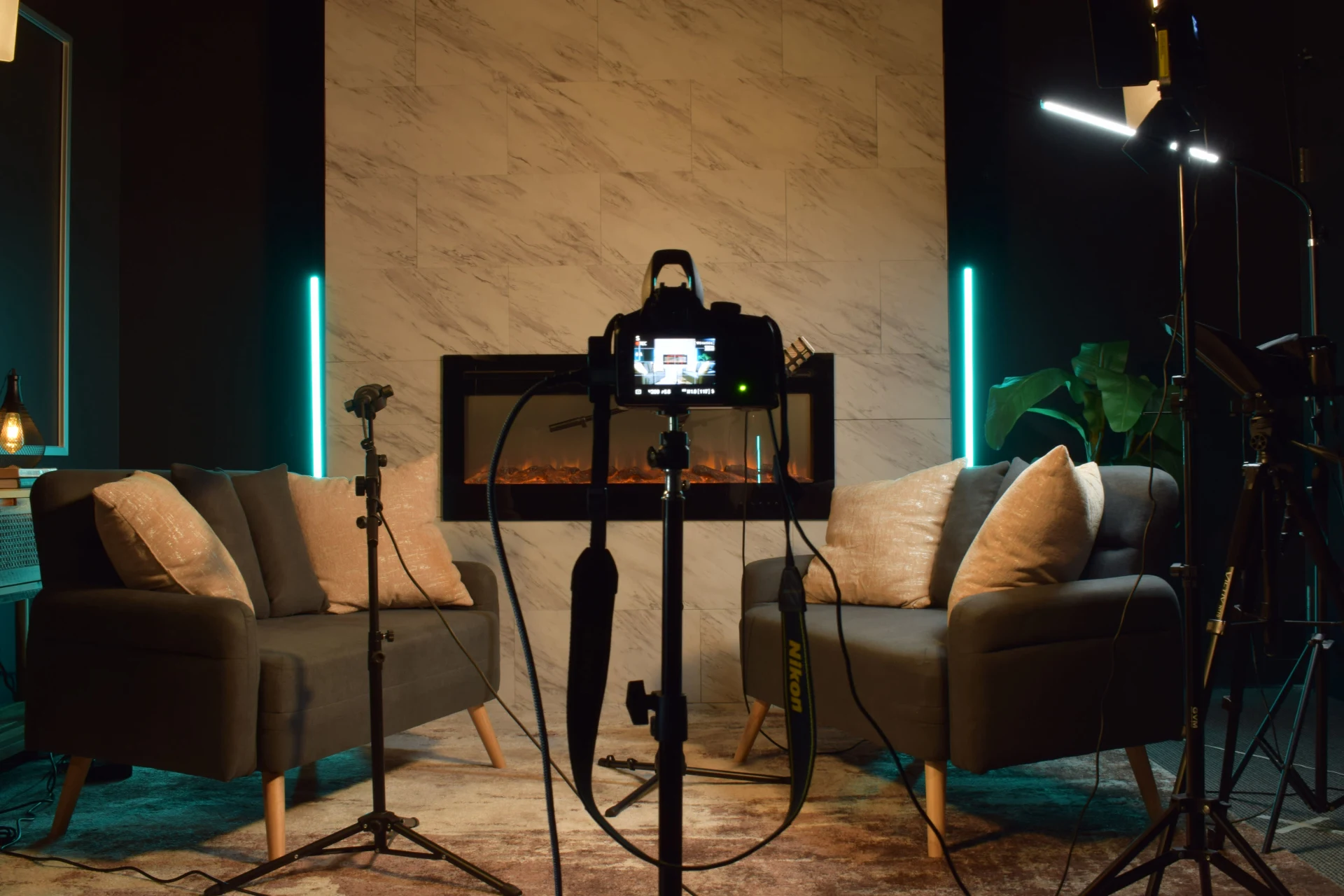 Camera view of the set with teal accent lights