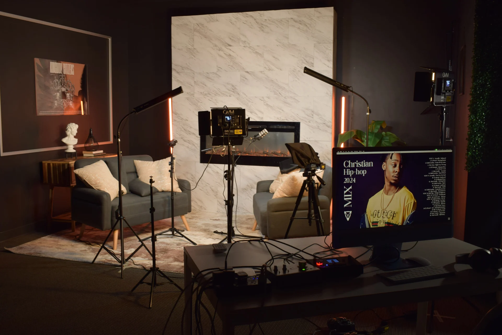 Full studio with control desk and monitor